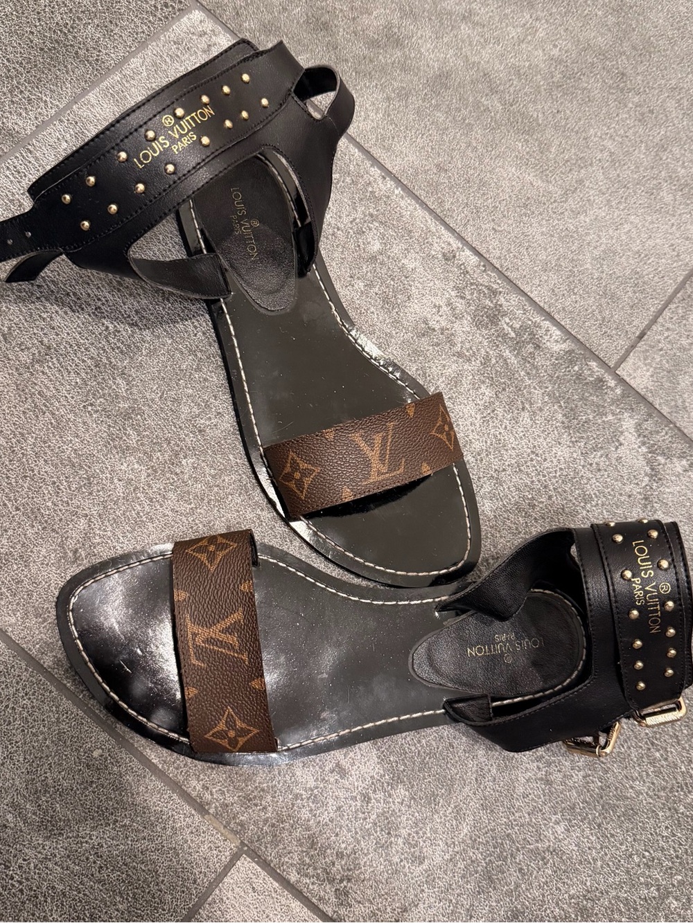 Louis Vuitton Black Leather Sandals with Brown Monogram Strap